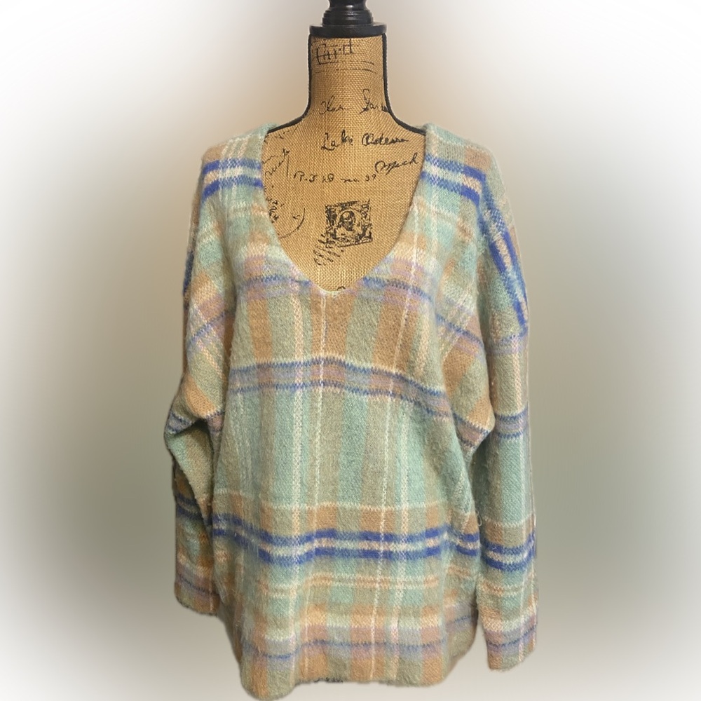 Free People Plaid V-Neck Sweater in Mint, Tan & Blue